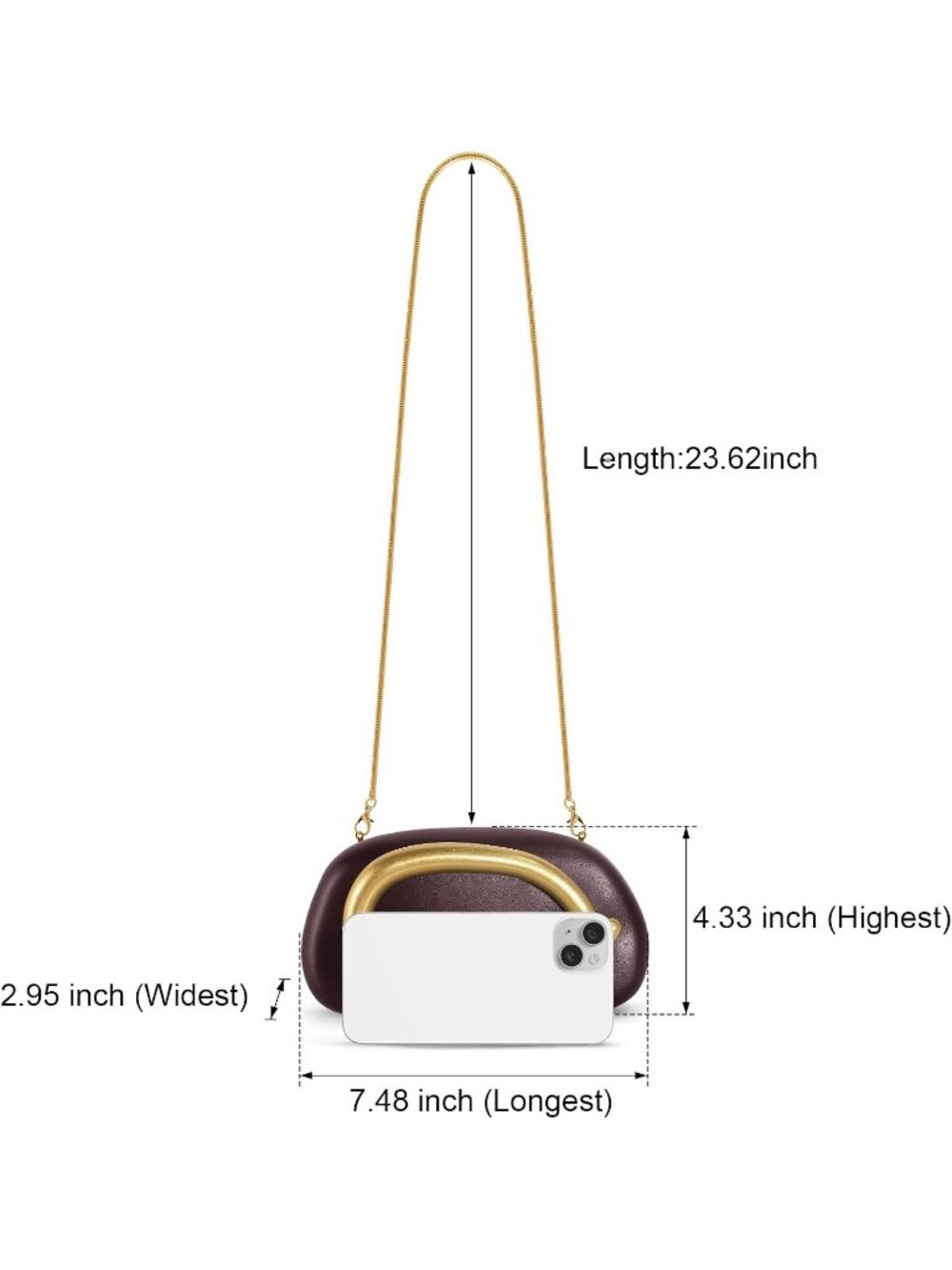 〽️Women's Redcoffee Leather Clutch Purses Trendy C Handle Evening Bag with Chain - Picture 6 of 6